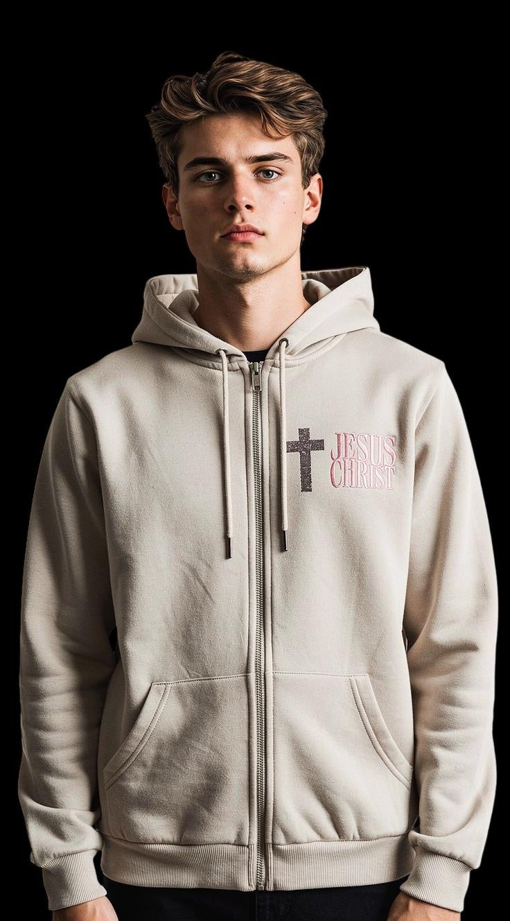 LIMITED DROP – JESUS CHRIST Hoodie-Vest – Zandkleur | Blessed Edition