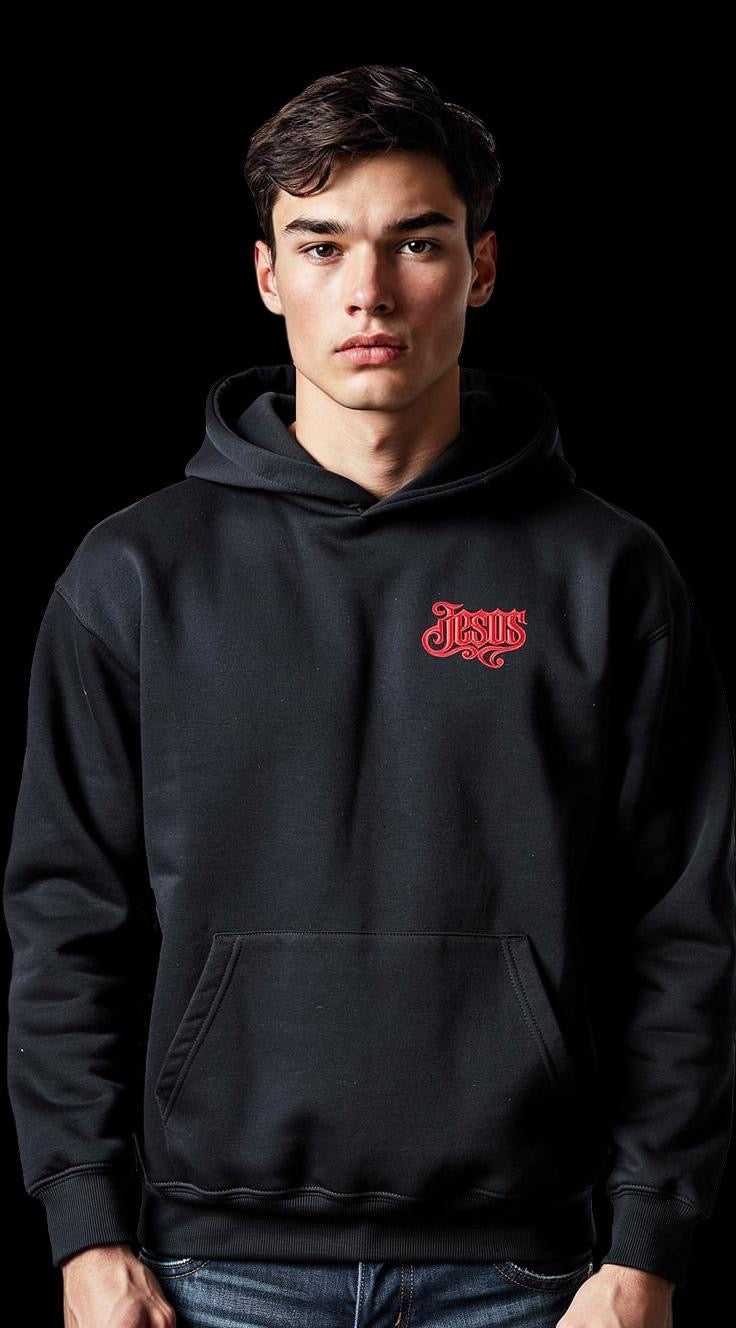 JESUS Hoodie – Dark Graphite (Red Street Embroidery)