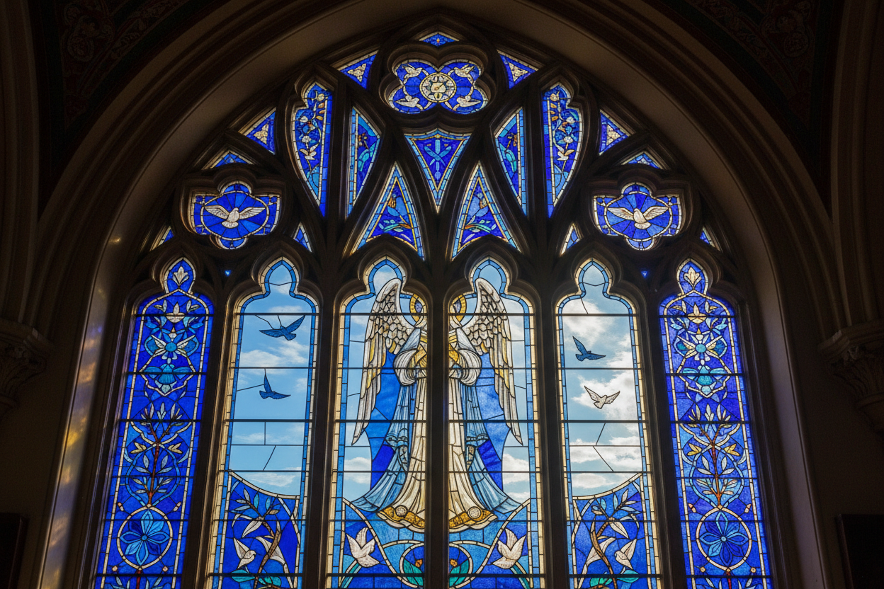 blauw kerk raam met buiten zon en vogels blauwe tonen